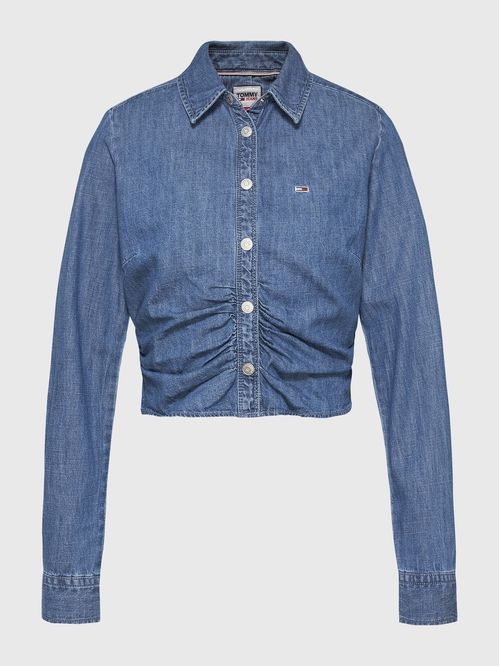 CAMISA JEANS CROPPED CON FRUNCES