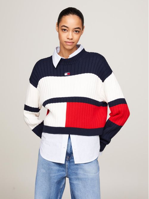 Sweater cropped color block con parche